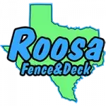 Logo Roosa Fence & Deck White background with Texas state in green, Roosa Fence & Deck in blue with black outline on top