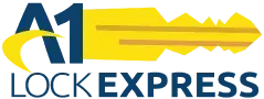 Logo A1 Lock Express. White background with A1 in dark blue with a gold house key extending from the 1.