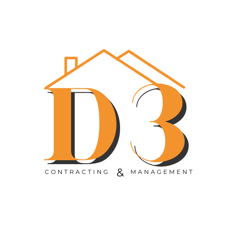 Logo for D3 Contracting and Management. White background with large D3 in orange with an orange roofline capping the letters. Construction & management in black under the D3