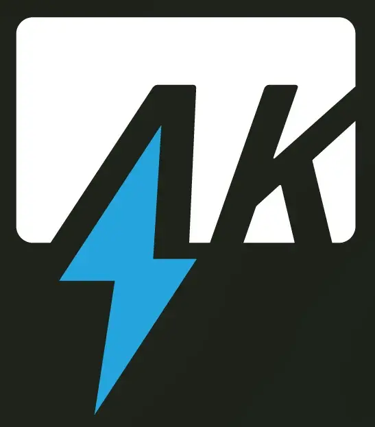 Logo AK Technologies, AK in black on white background.  Top half of blue lightning bolt inside the A. Second half of lightning bolt below letters on black background