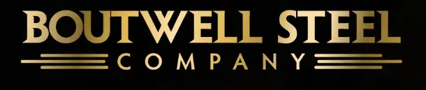 Logo Boutwell Steel; Black background with Boutwell Steel in Gold. Company centered below with art deco lines on either side of the word